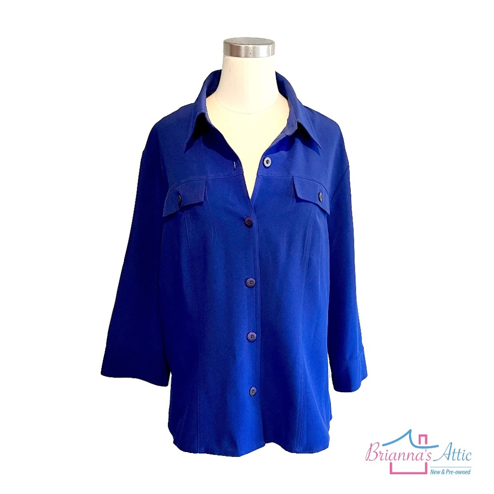 Kathy Che Womens Button-Down 2 Pocket Blue 3/4 Sleeve Classic Casual Shirt Top
